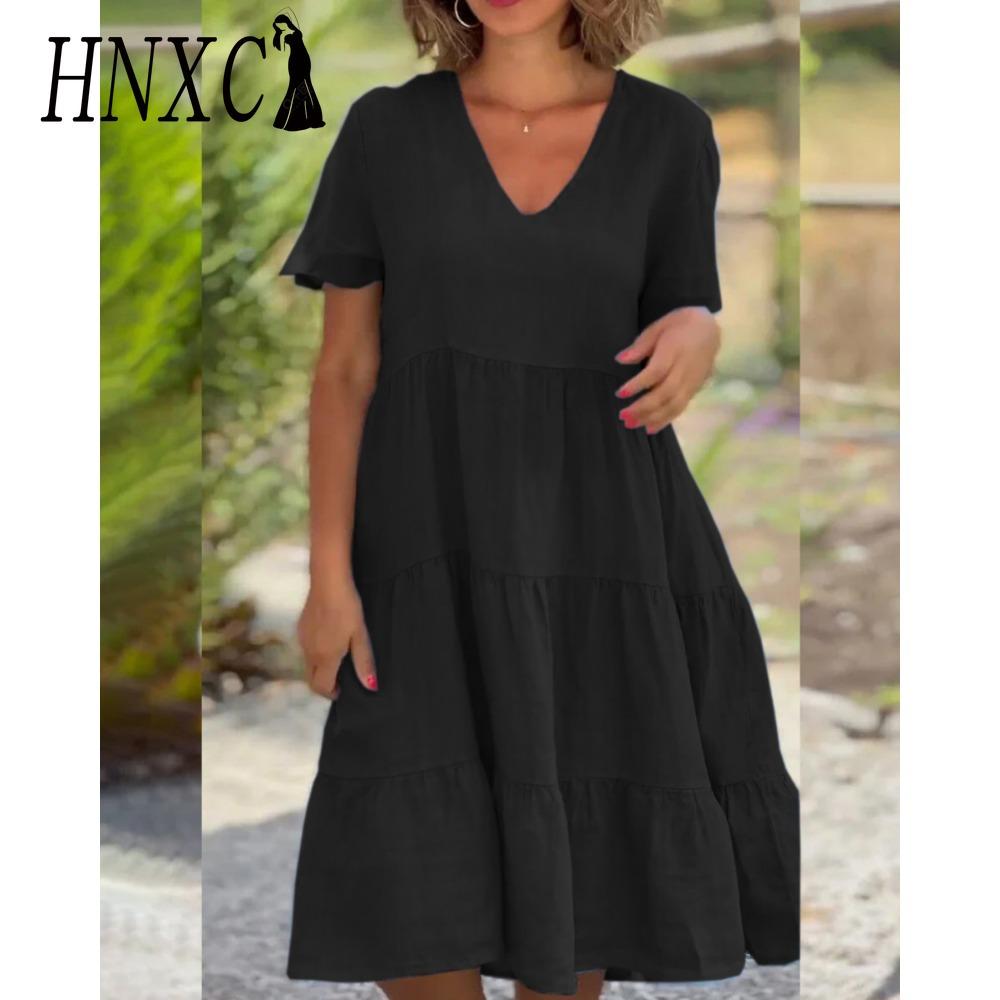 

HNXC Женская мода Лето Весна Свежие и Милые Однотонные Принтованные Платья с Коротким Рукавом и V-образным Вырезом Большие Свободные Повседневные Платья XXXXXL чёрный