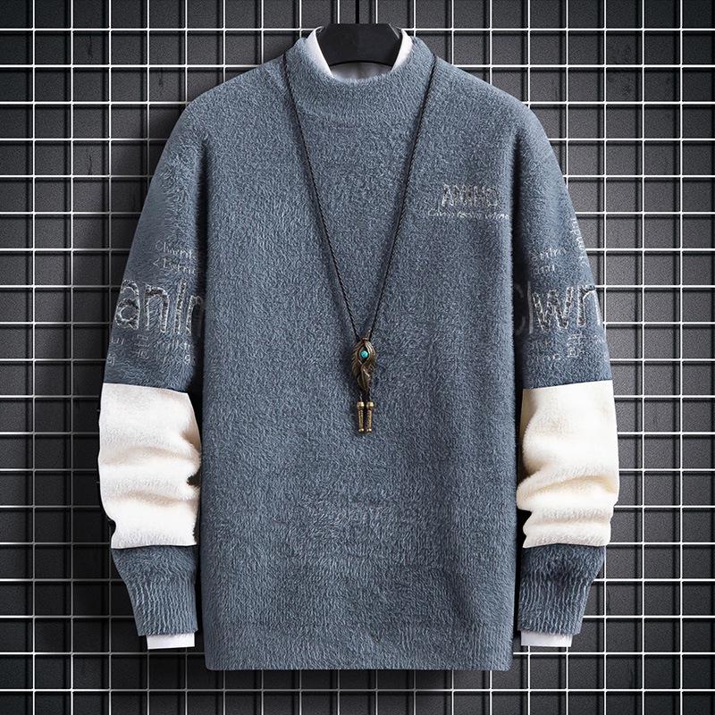 Men's College Style Fleece-Lined Knitted Sweater: Warm and Thick for Autumn/Winter