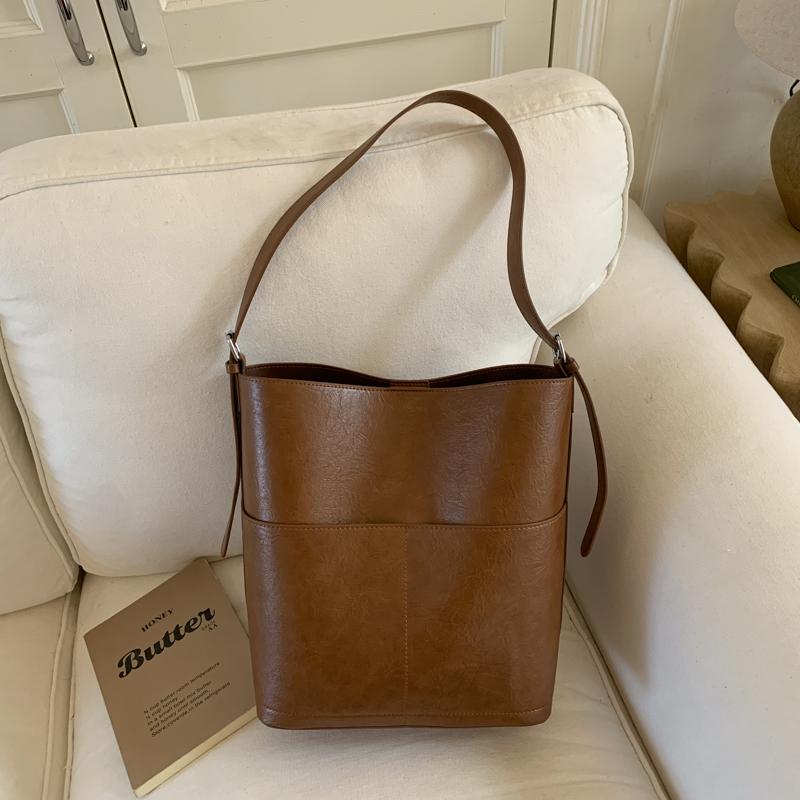 Borsa a Secchiello in PU con Tasca Frontale Grande Capacità Borsa a Spalla alla Moda