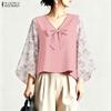 Women Casual V-Neck Floral Print Splice 3/4 Sleeve Loose Blouse