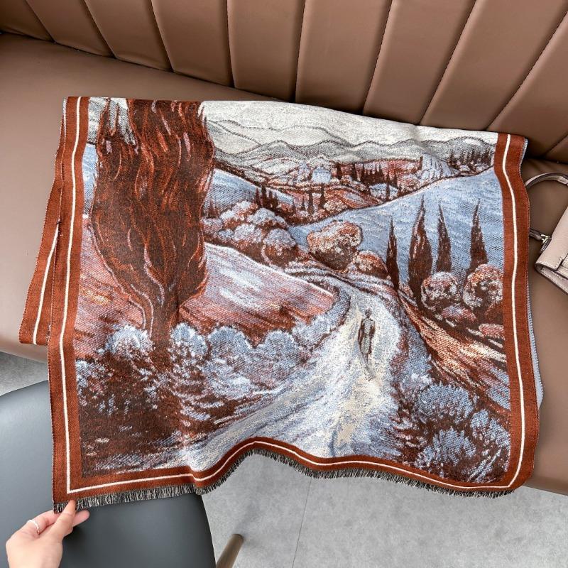 Van Gogh oil painting style imitation cashmere scarf women's high-end shawl versatile warm thickened shawl with extended air-conditioning blanket