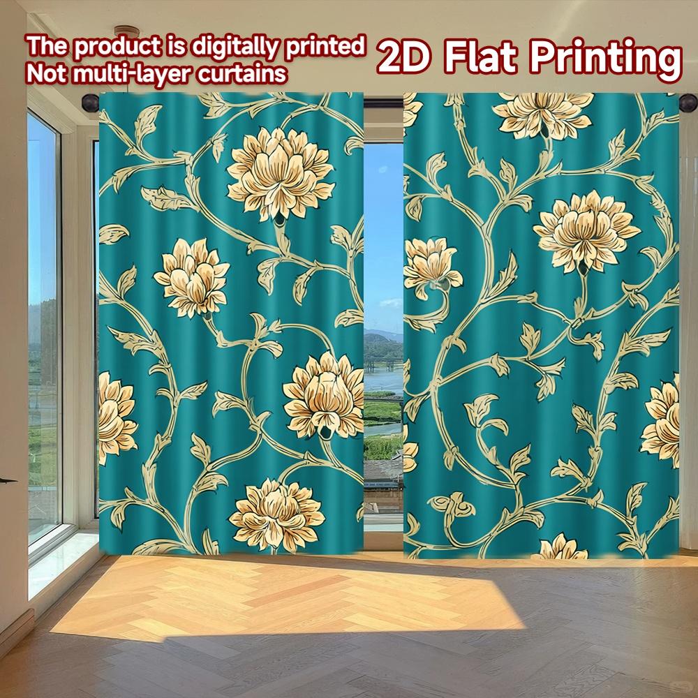 

Set Of 2 Flat Printing Curtains Without Rod Floral Vine Blue Background April Fools Is Day Festival Chic Print Curtain Polyester W100*H70(CM)-Rod Pocket&2PCS