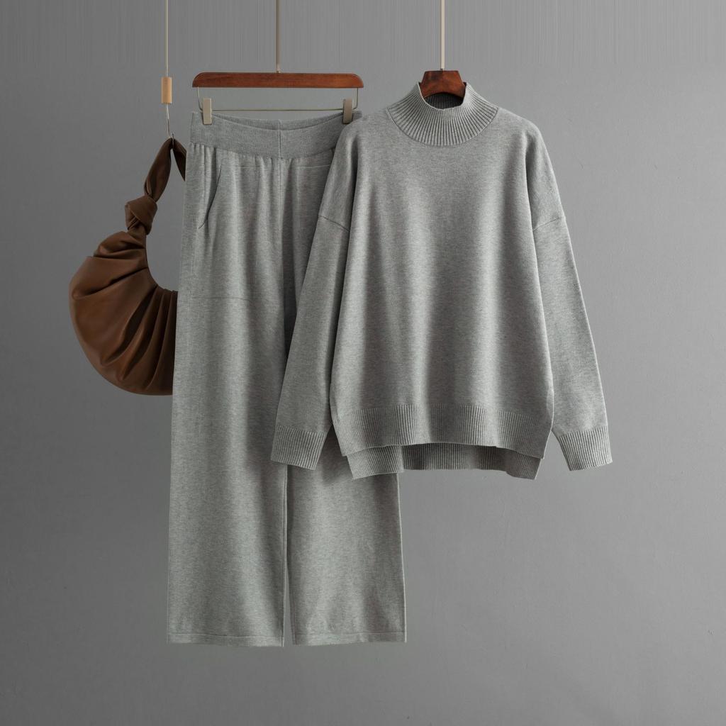 Solid Color Knitted Semi-turtleneck Slit Sweater Set Women's Autumn and Winter New Large Size Casual Knitted Sweater Two-piece Set