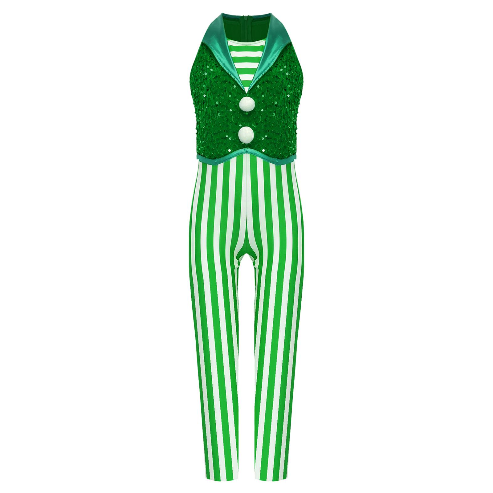 

Girls Christmas Candy Cane Costume Sleeveless Stripes Sequins Bodysuit Dance Gymnastic Jumpsuit 5-6 Years
