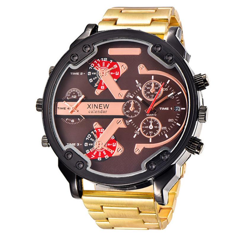 

XINEW Мужские золотые спортивные кварцевые часы с большим циферблатом и браслетом из сплава