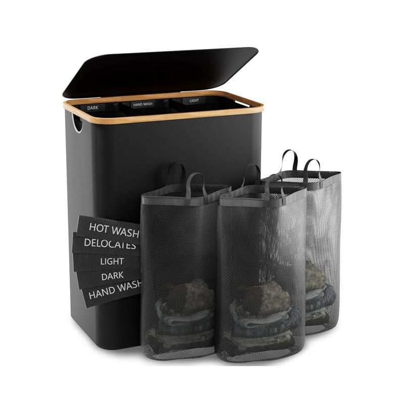 Foldable Bamboo Laundry Hamper with Lid and Inner Bag for Bedroom Storage.