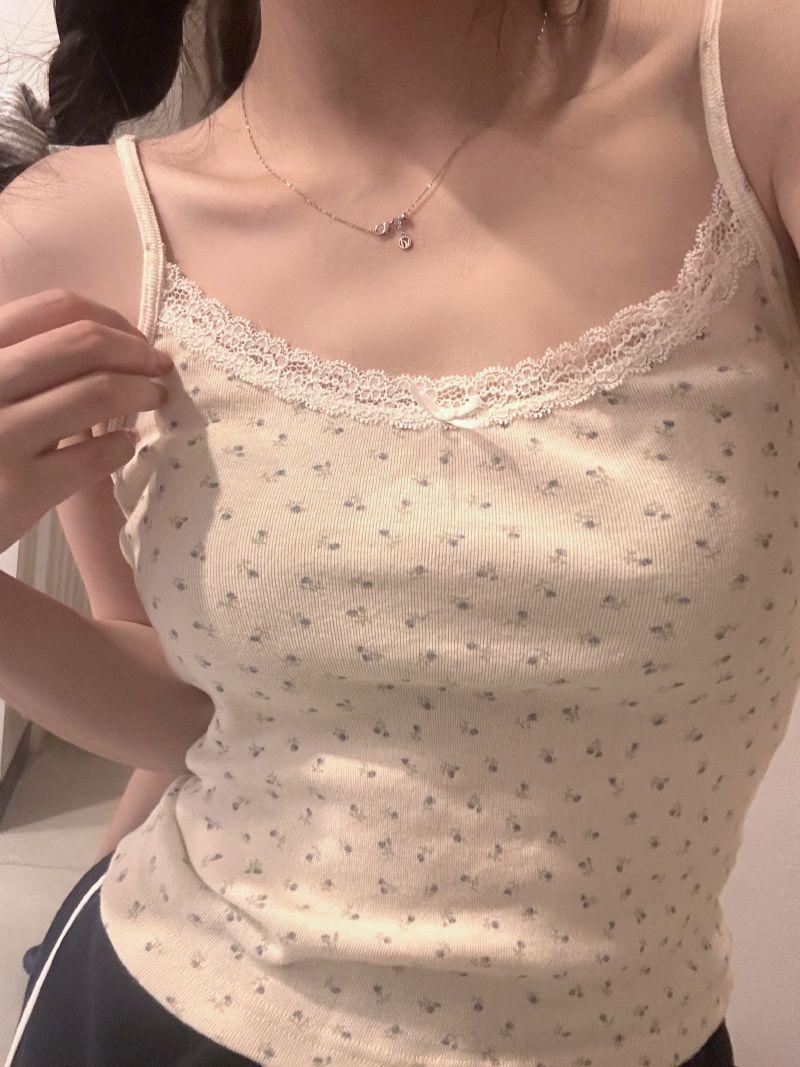 BM wind floral bow suspender women s summer new sexy lace slim versatile vest top women can wear outside M