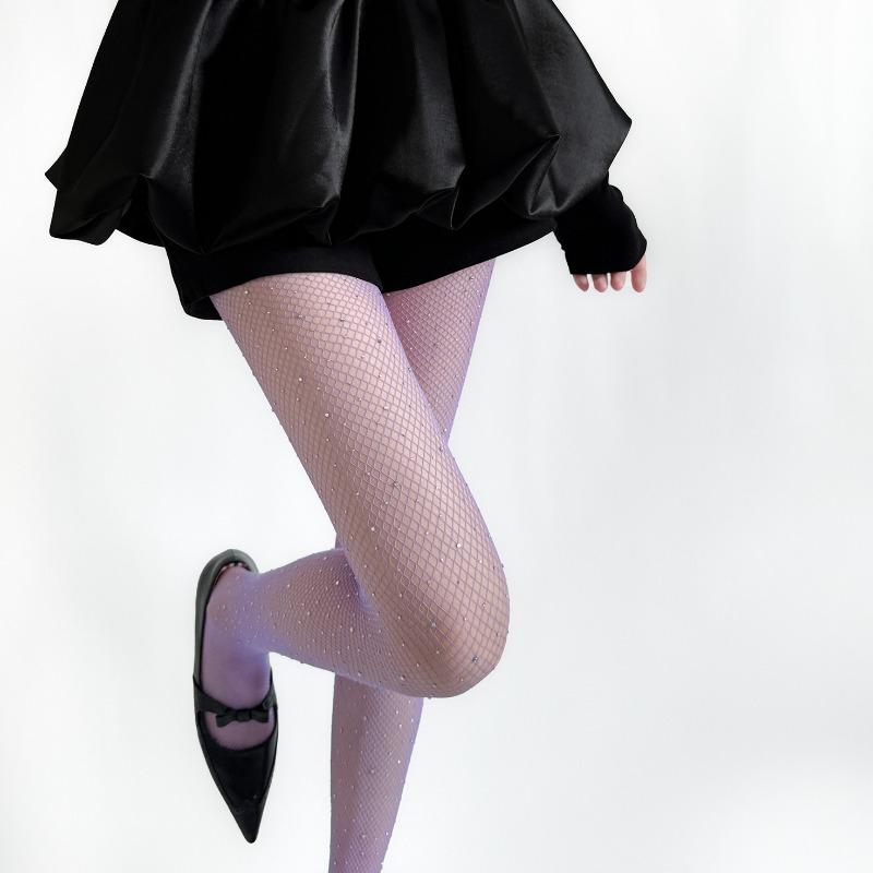 Water Droplet Fishnet Stockings in Dreamy Purple Diamond Cutouts and Sheer Sexy Silk Stockings with Glittering Diamonds for A Beautiful Leg Ensemble