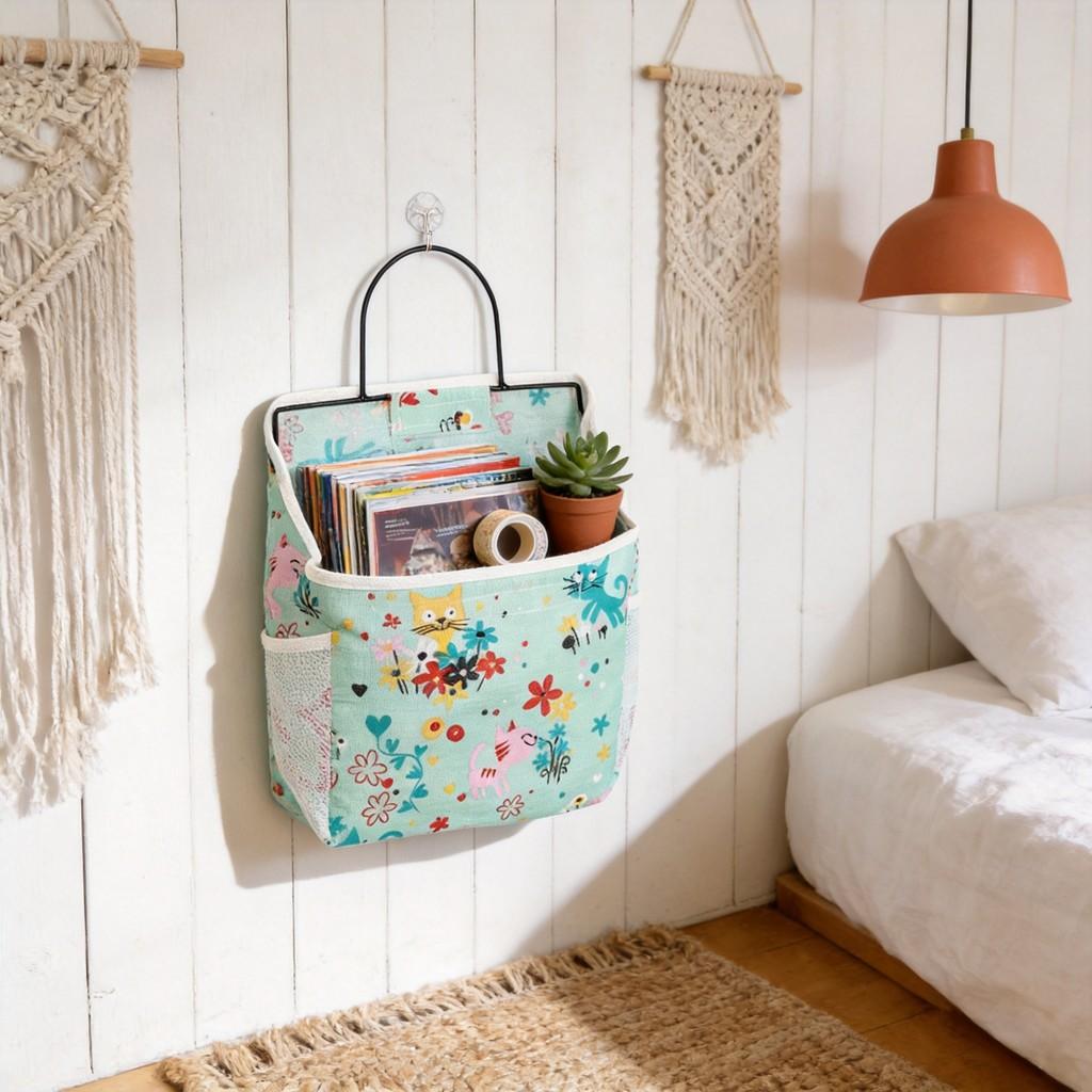 Wall Mount Iron Art Storage Bag With Cotton Linen Fabric For Dorm Room Organizing