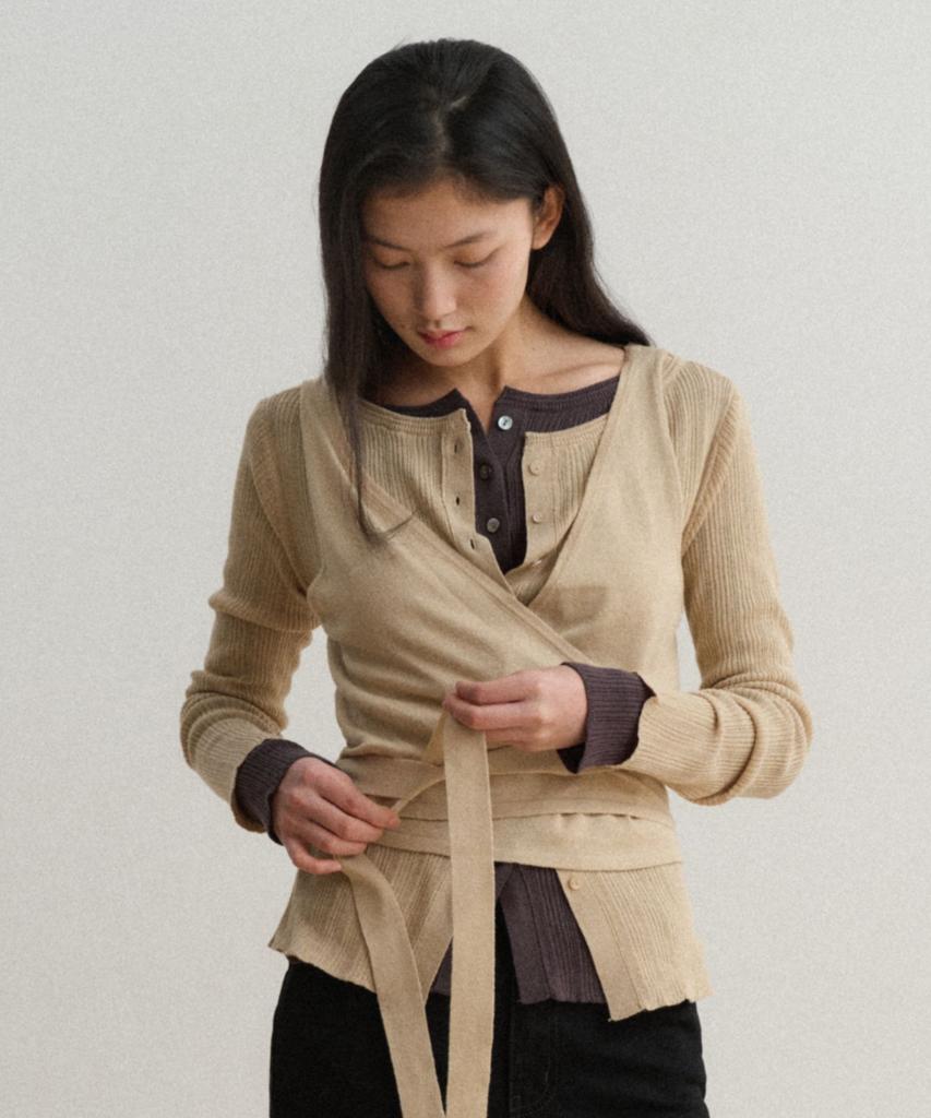 Towav Oss Wrap Cardigan Set_Beige