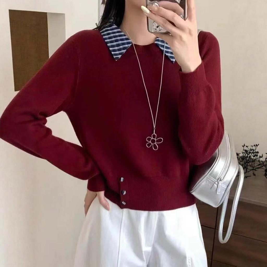 Korean Plaid Patchwork Knit Sweater - Women's Long Sleeve Fake Two-Piece