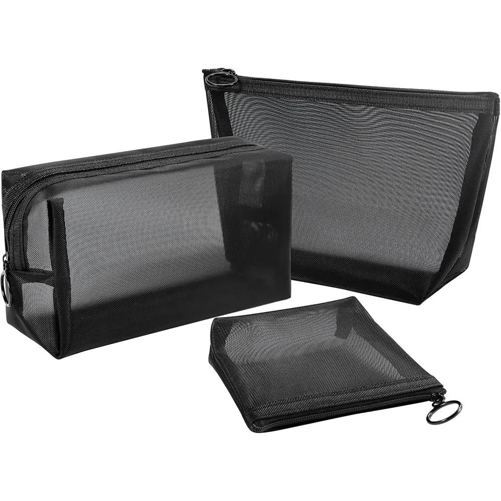 3Pcs Set Small Mesh Makeup Bag Travel Kit - Breathable Cosmetic Pouch with Zippers Portable Organizer