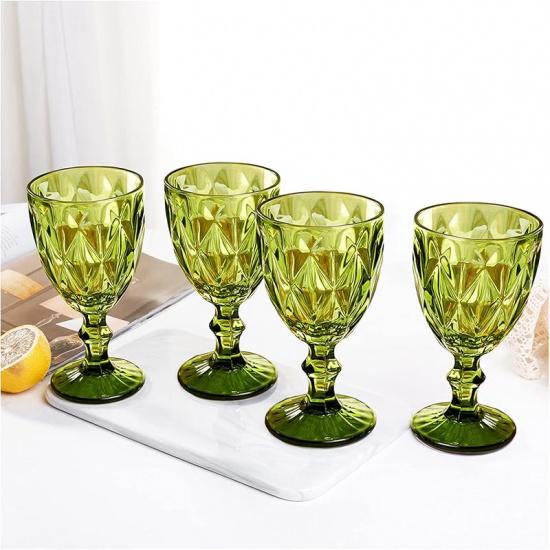 Vintage Wine Glasses Set of 4, Plastic Reusable 12 Ounce Colored Water Goblets, Unique Embossed Pattern Unbreakable Stemmed Wine Glasses, High Clear