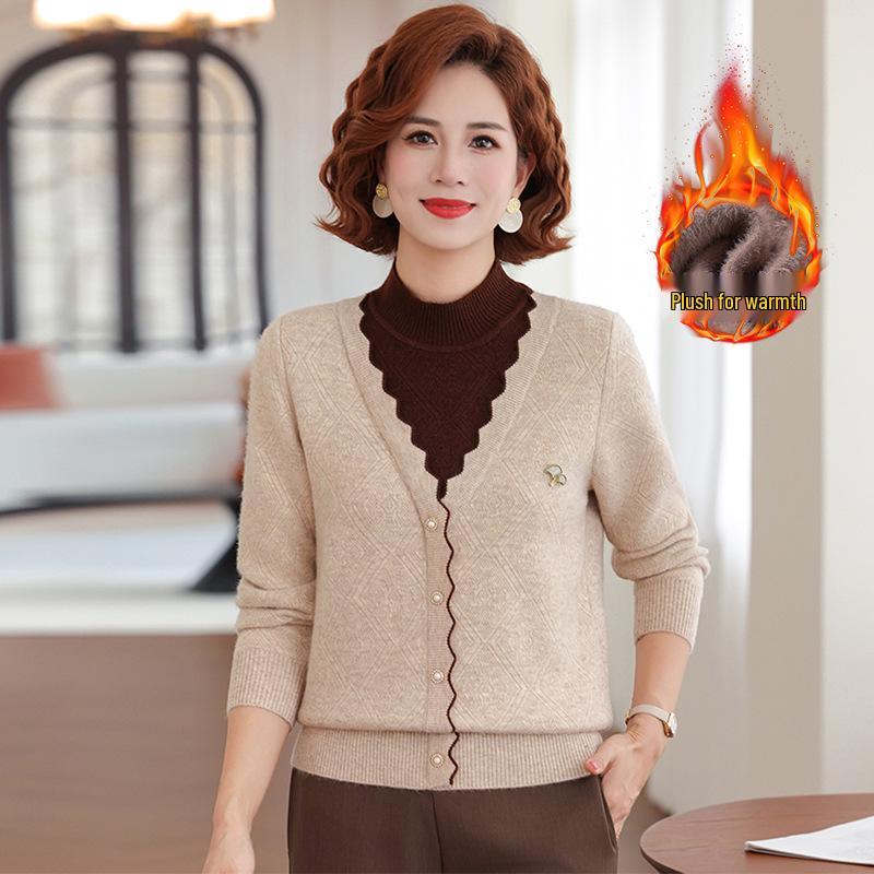 Mom's 2025 Winter Two-Piece Style Plus Velvet Sweater for Middle-Aged & Elderly Women - Thickened Autumn/Winter Velvet Base Layer Shirt