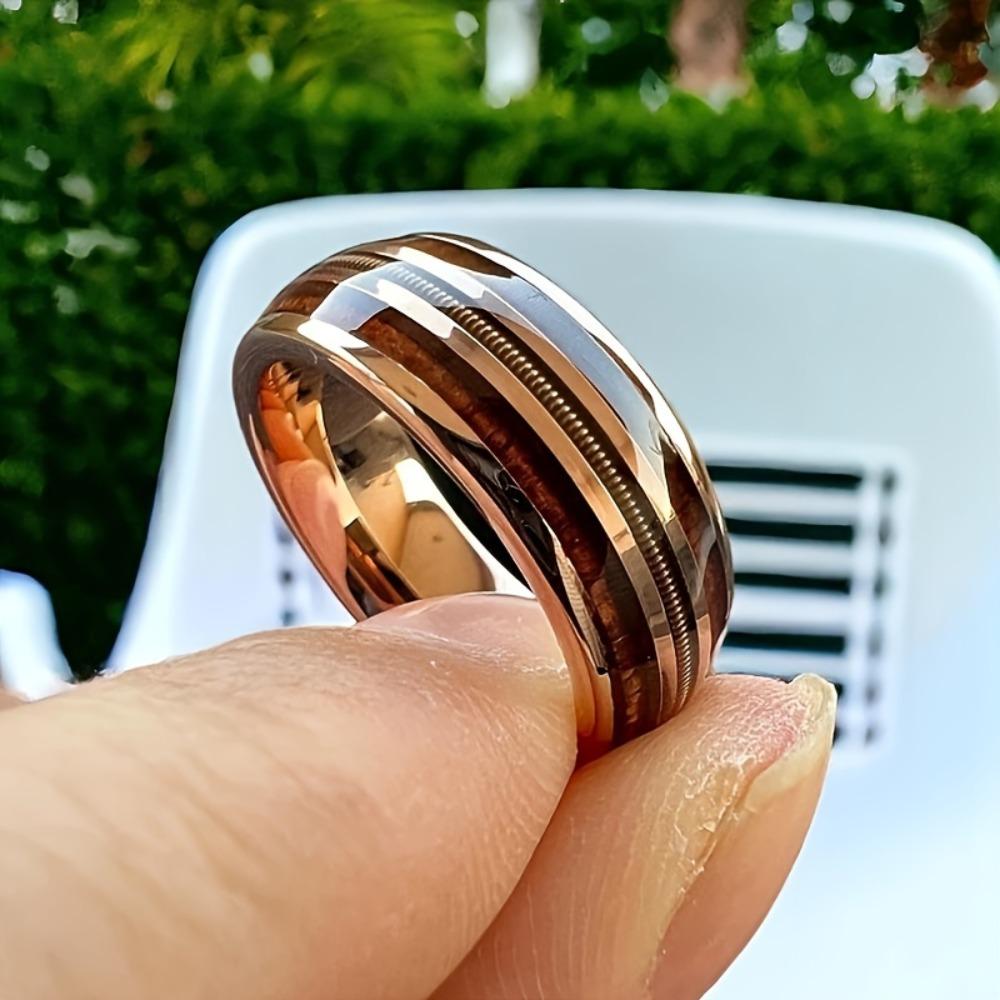 Men's Fashion 8mm Stainless Steel Wedding Engagement Ring, Imitation Wood Pattern with Guitar Strings and Unique Ring