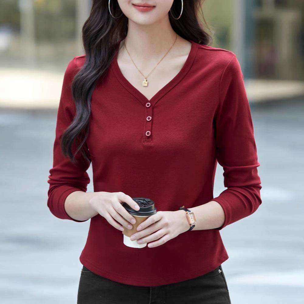 Korean Version of Small Long-sleeved T-shirt for Women Loose Spring New Bottoming Shirt Curved Hem V-neck Top