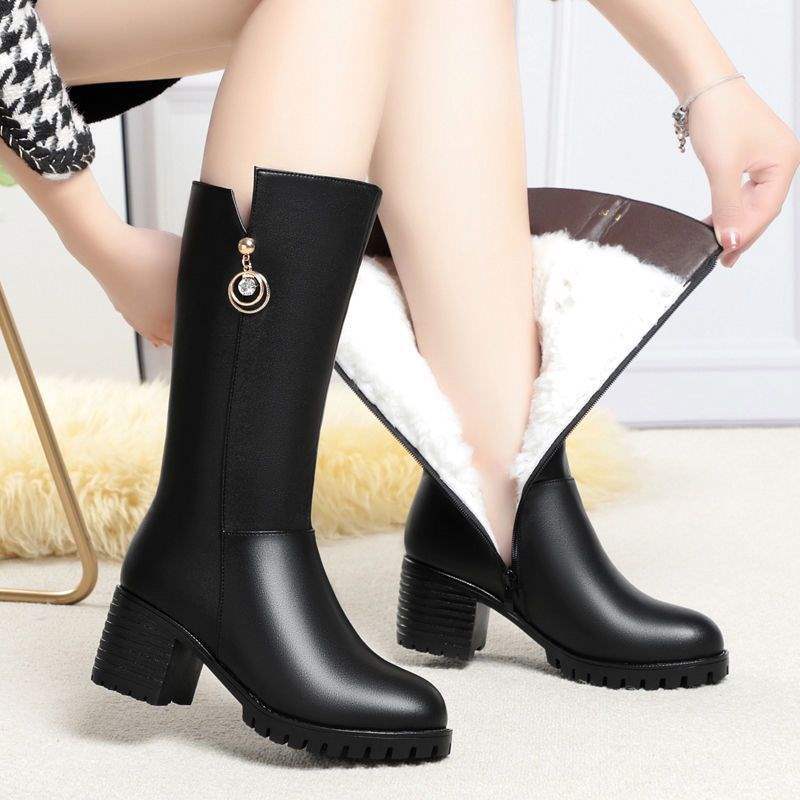 Soft Leather Boots Women's Boots Winter Fleece Cotton Boots Thickened Cotton Hair Tall Heel Women's Boots Mom Medium Boots