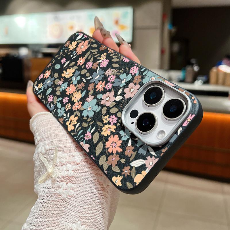 Little Fresh Flower Print Leather Texture Phone Case For iPhone 16 Pro Max 15 Plus 14 Pro 13 12 11 Matte Slim Shockproof TPU Soft Bumper Cover
