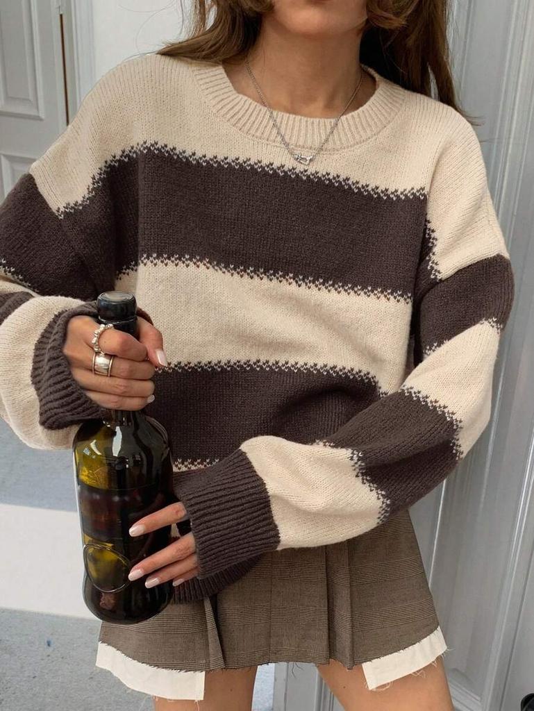 Lazy Wind Striped Contrasting Color Long-sleeved Knitted Sweater Women's Autumn Wear Crew Neck Pullover Temperament Top Sweater