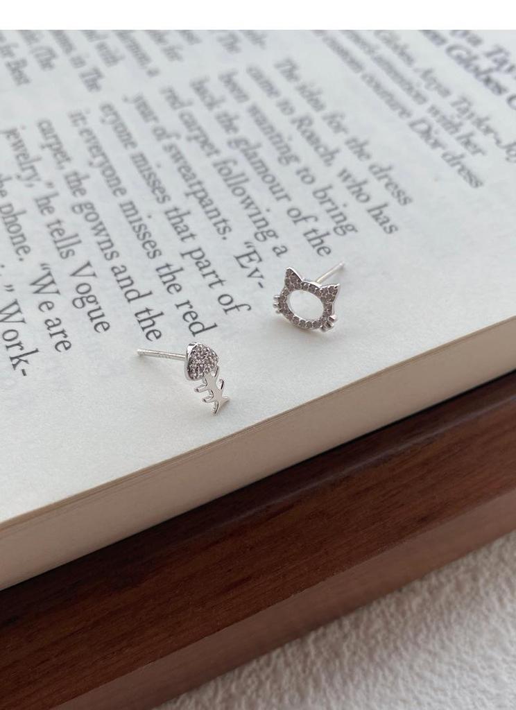 S999 Sterling Silver Asymmetrical Cat Bone Stud Earrings for Women - Cute, Small, and Exquisite Accessories for Ear Hole Care