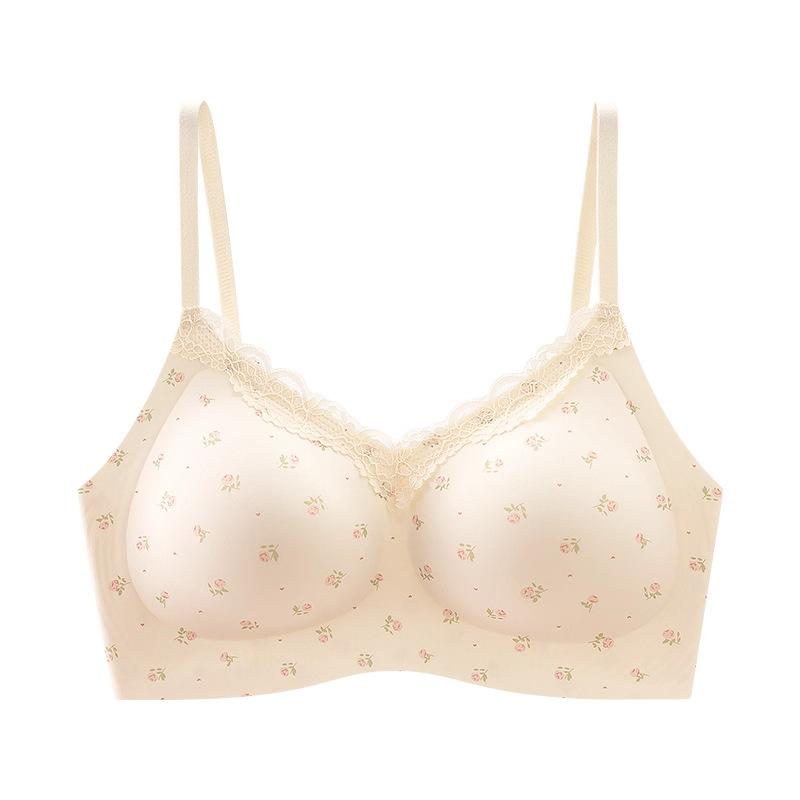 Hot Milk Skin Floral, Seamless Underwear, Women's Small Breasts Gather and Show a Round Shape, No Steel Ring, Upper Support, Jelly Strip