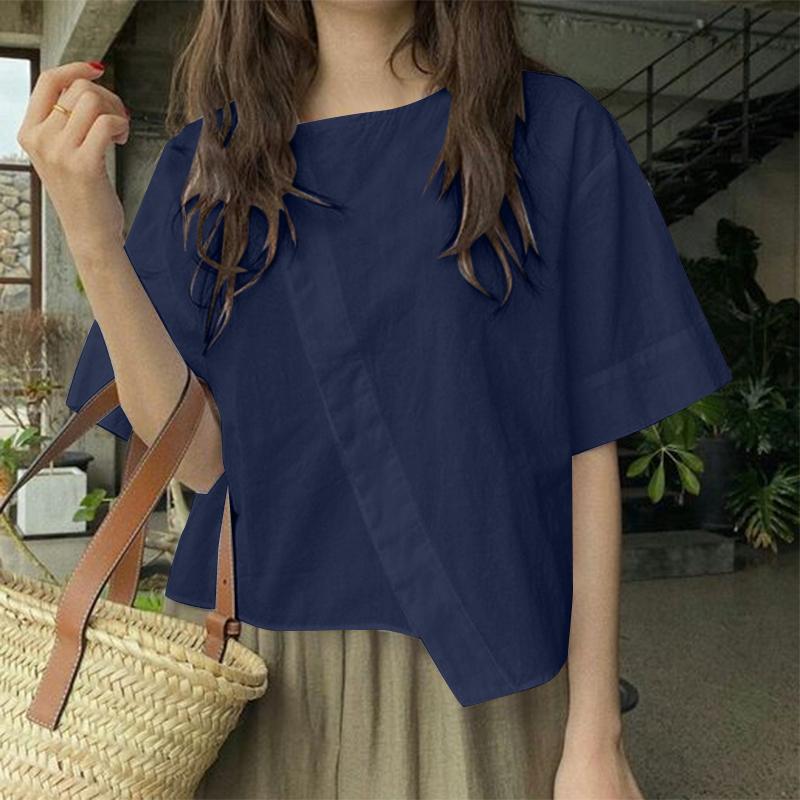 

ZANZEA Женские летние блузки с круглым вырезом и коротким рукавом, асимметричный подол, свободные блузки 2XL темно-синий