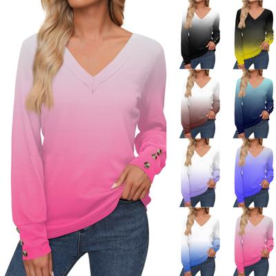Women's Tops Gradient Printed Long Sleeve Shirt V Neck Casual Loose T-Shirt Autumn Clothing