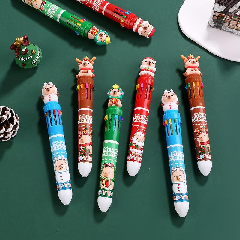 Christmas Capybara 10 Color 0.7Mm Ballpoint Pen Cute Cartoon Santa Claus Snowman Press Pen Handbook Stationery Gifts