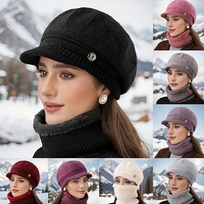 Women's Warm Knitted Winter Hat Warm Hat with Padded Fleece Lining and Ear Protection with Sun Visor Brim