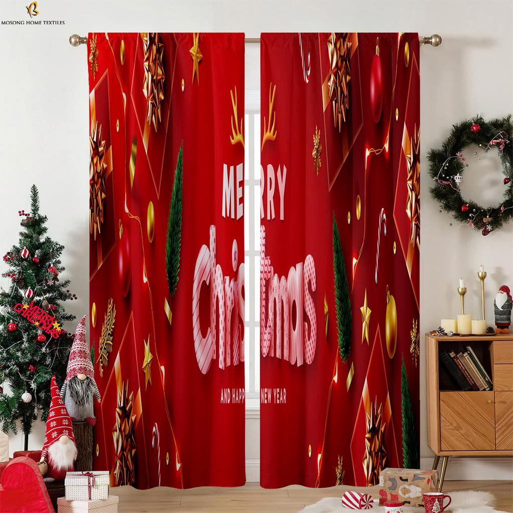 Vintage Red Plaid Christmas Pattern Printed Curtains Fireplace Christmas Tree Decoration Curtains Restaurant Party Decoration