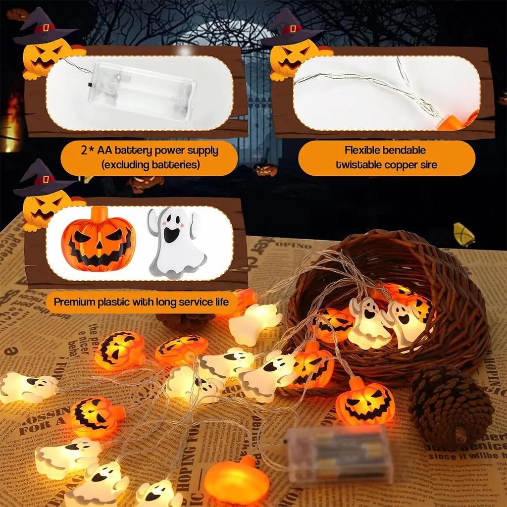 1pc 10/20 LED Halloween Single Layer Pumpkin & Ghost String Light Battery Powered For Home Garden Holiday Halloween Party Decor