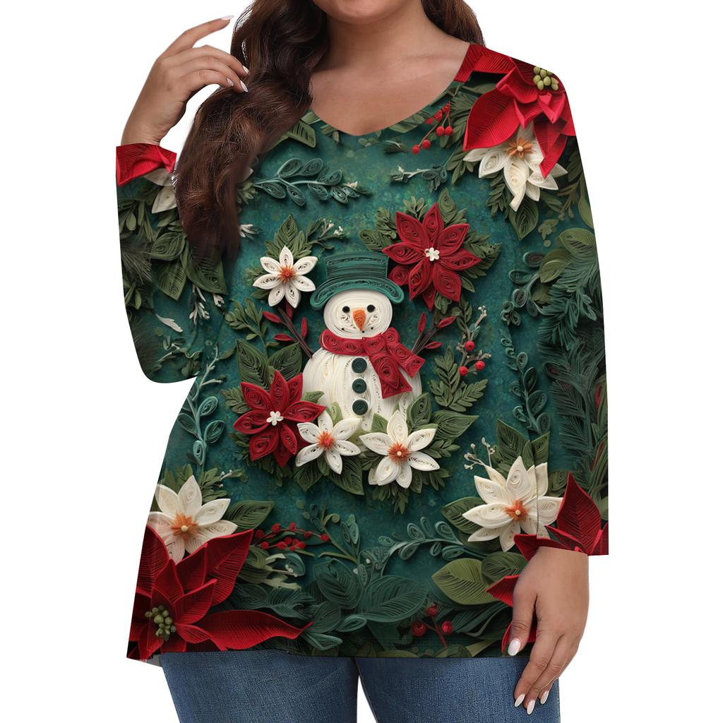 Women's Fashionable Casual Long Sleeved Plus Size Print Top Plus Size Floral Print Top