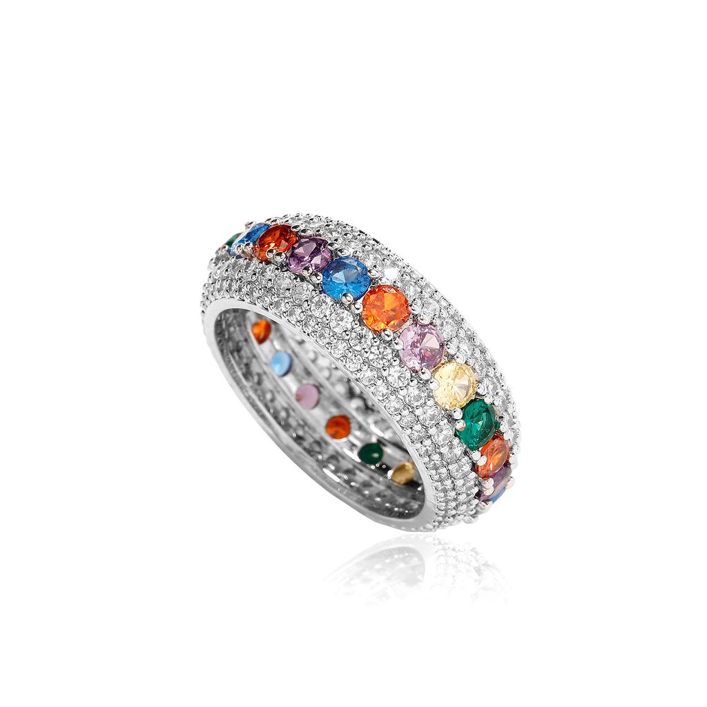 Anel Hip-Hop de Cobre Micro-Incustado com Cinco Fileiras de Zircônia Total para Homens, Anel Colorido de Zircônia com Personalidade da Moda