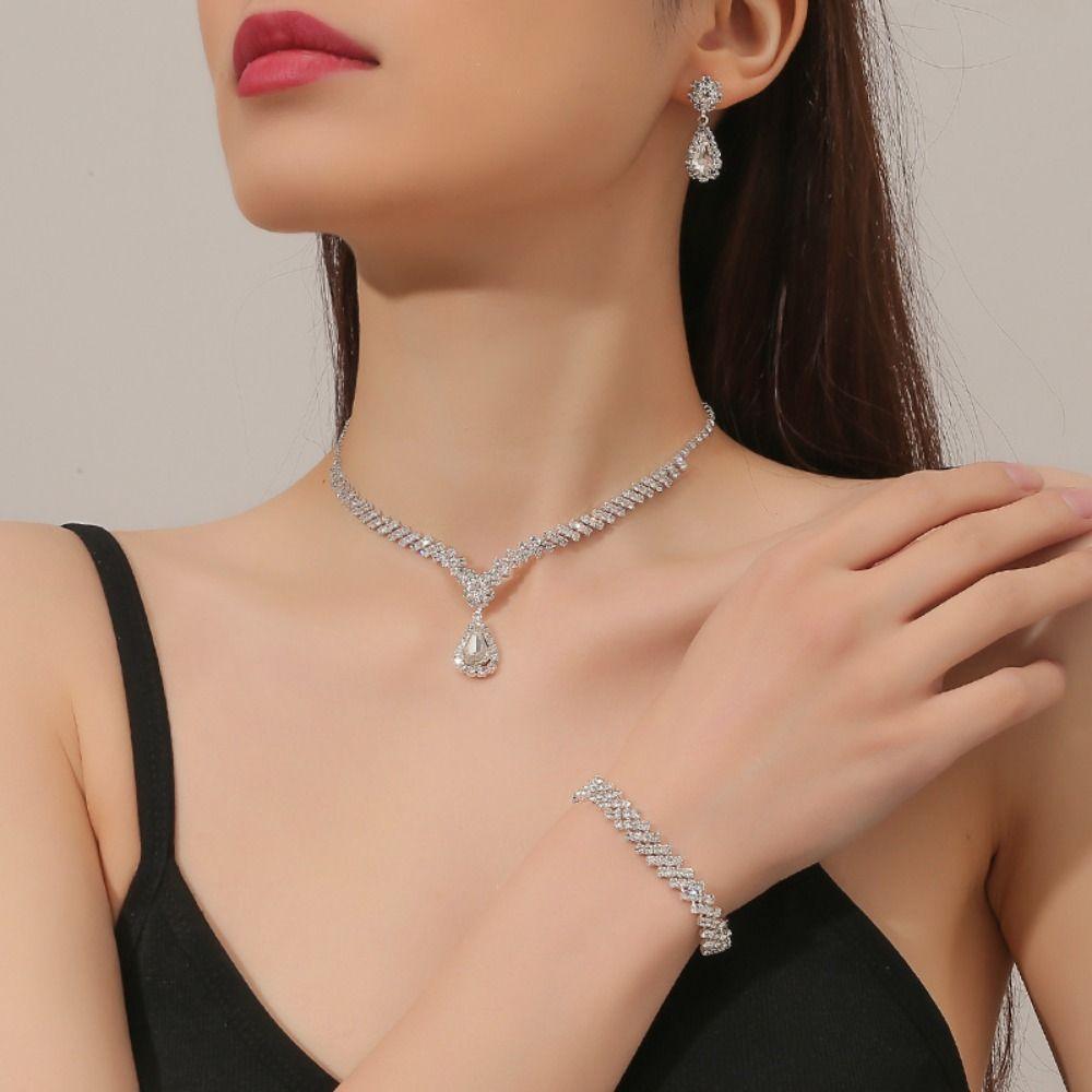 Elegant Necklace Earring Set Luxury Rhinestone Bracelet Vintage Bridal Jewelry Set  Wedding
