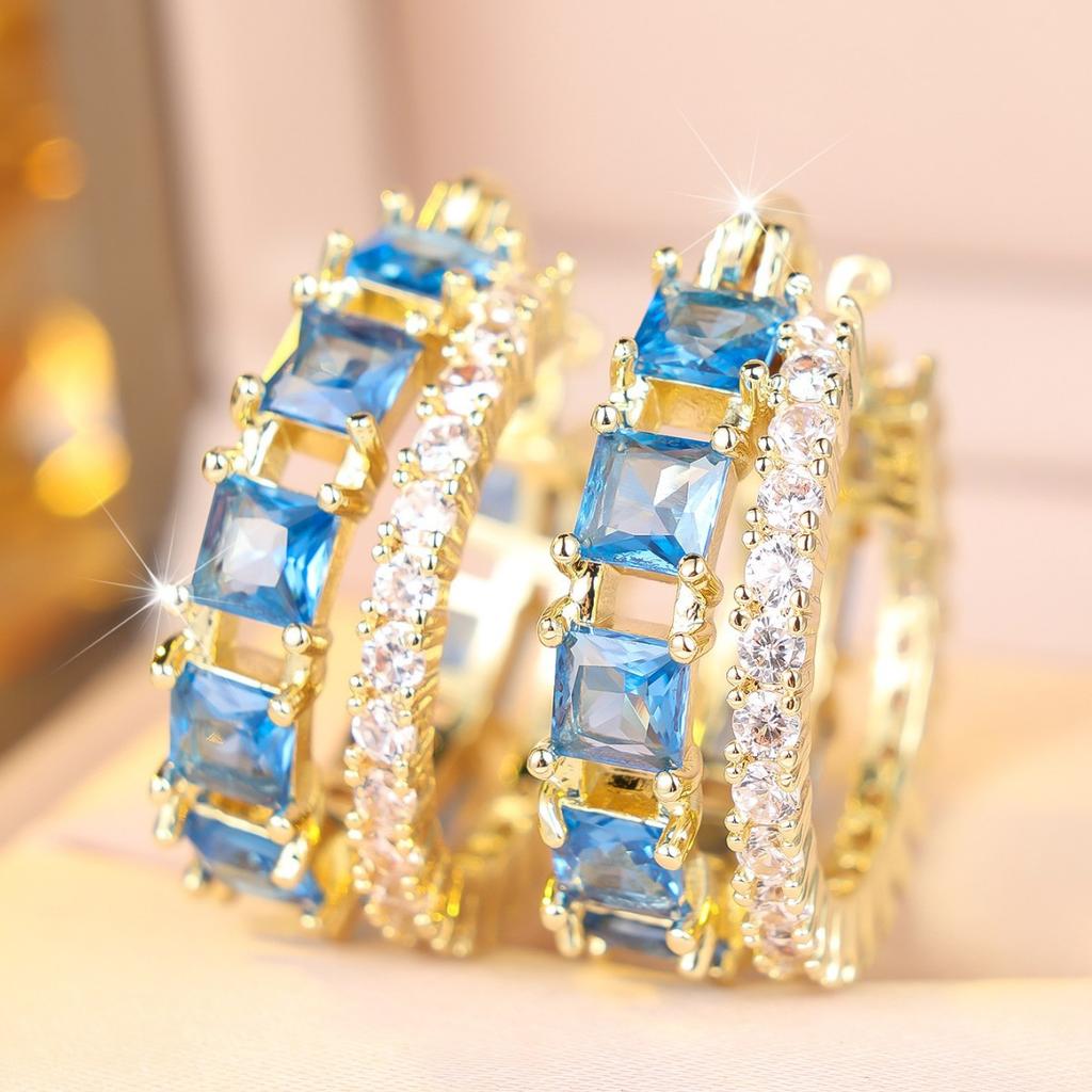 Aqua Blue Crystal Square Stone White Zircon Small Hoop Earrings for Women Gold Color Ear Buckle Wedding Jewelry Versatile Gifts