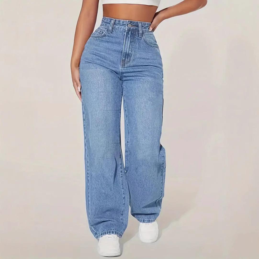2025 European & American Women s High-Waisted Straight Leg Jeans - Spring & Autumn Casual 4XL синий