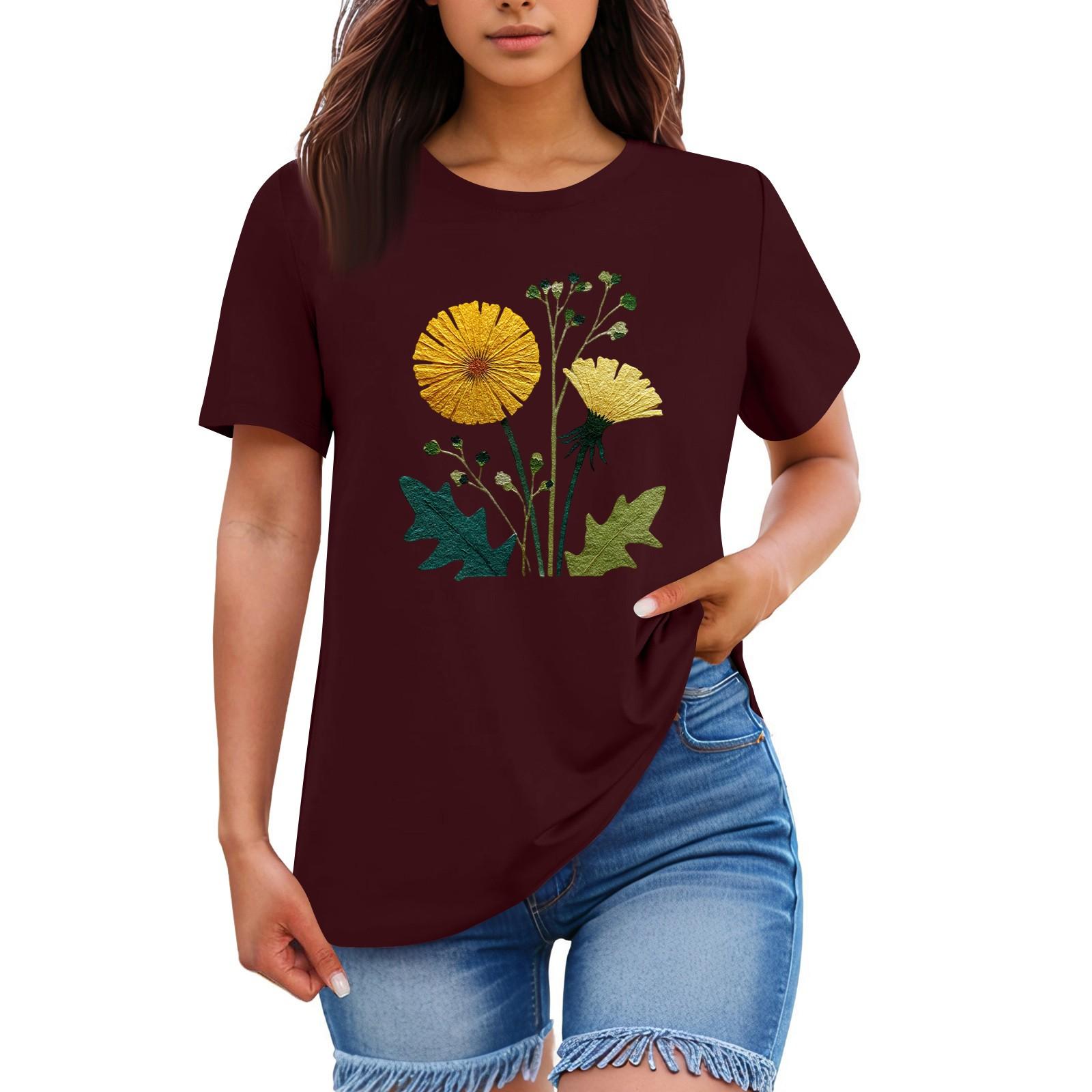 

Ladies Loose Comfortable Casual Fashionable Plant Flower Printed Round Neck Short Sleeved Shirt M винний