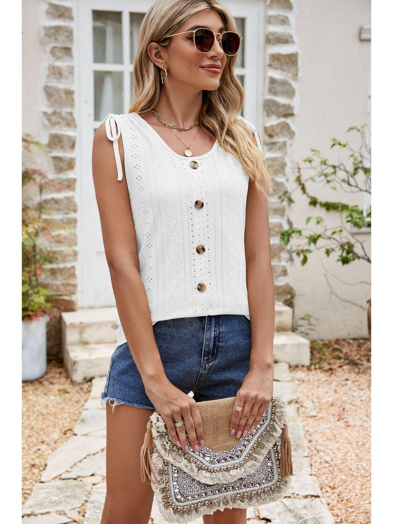 2024 Summer European & American Women's Fashion Hollow Out Drawstring Sleeveless Button Camisole