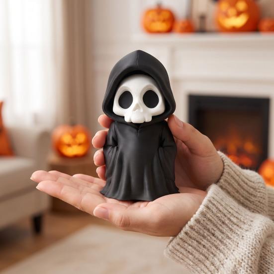 Horror Theme Party Supplies 3D Printed Grim Reaper Figurine, Gothic Black Robe Skeleton Statue, Figurine Mini Model Toy for Halloween Desktop