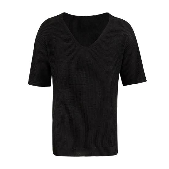 T-shirt da uomo estiva lavorata a maglia con scollo a V mezze maniche Pullover ampio in puro colore Elastico Casual di media lunghezza Sport quotidiano Top Maglieria