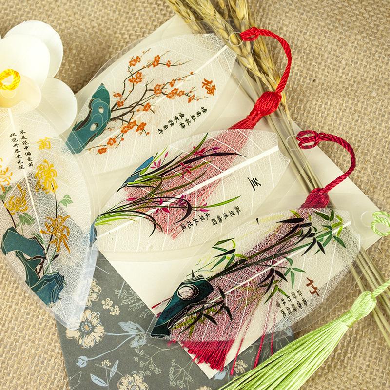 Chinese Style Leaf Vein Bookmark: Plum, Orchid, Bamboo, Chrysanthemum - Graduation Gift for Classmates or Girls