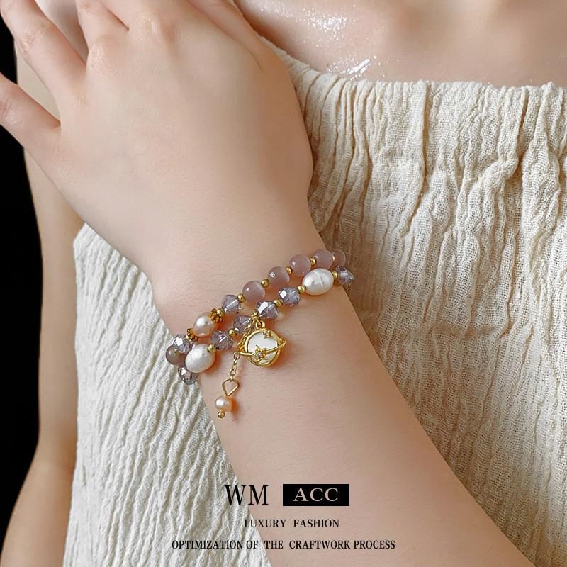 Layered Cats Eye Stone Pearl Bracelet Women Irregular Geometric Design Gold Pink Tone Lightweight Luxury Fashion Accessory