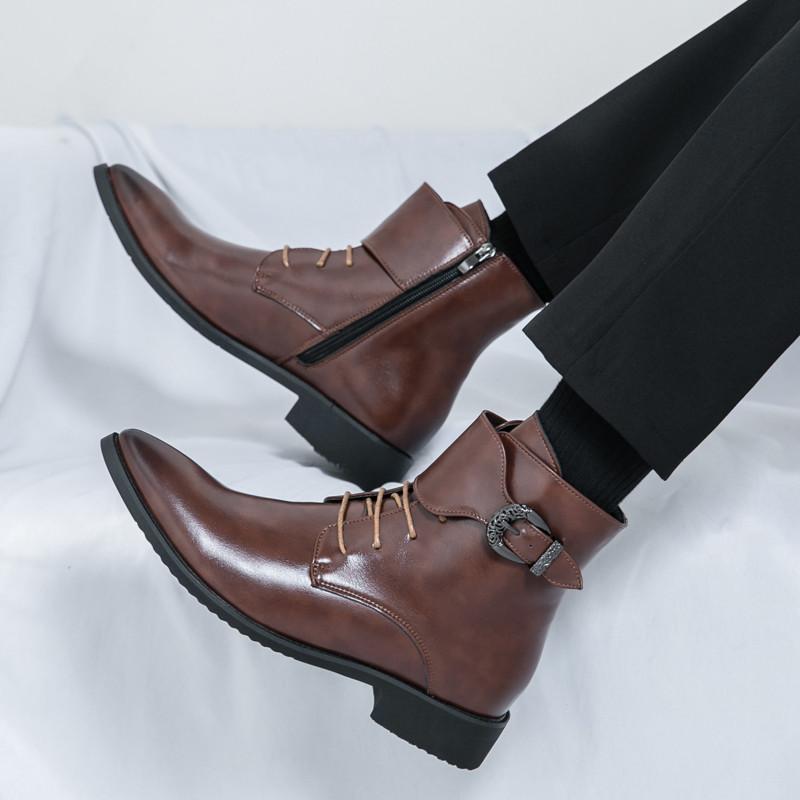 Fashion New Men's Pointed Lace Up Patchwork Monk Strap Ankle Boots British Designer Botas Trend Casual Luxury High-top Punk Rock Shoes