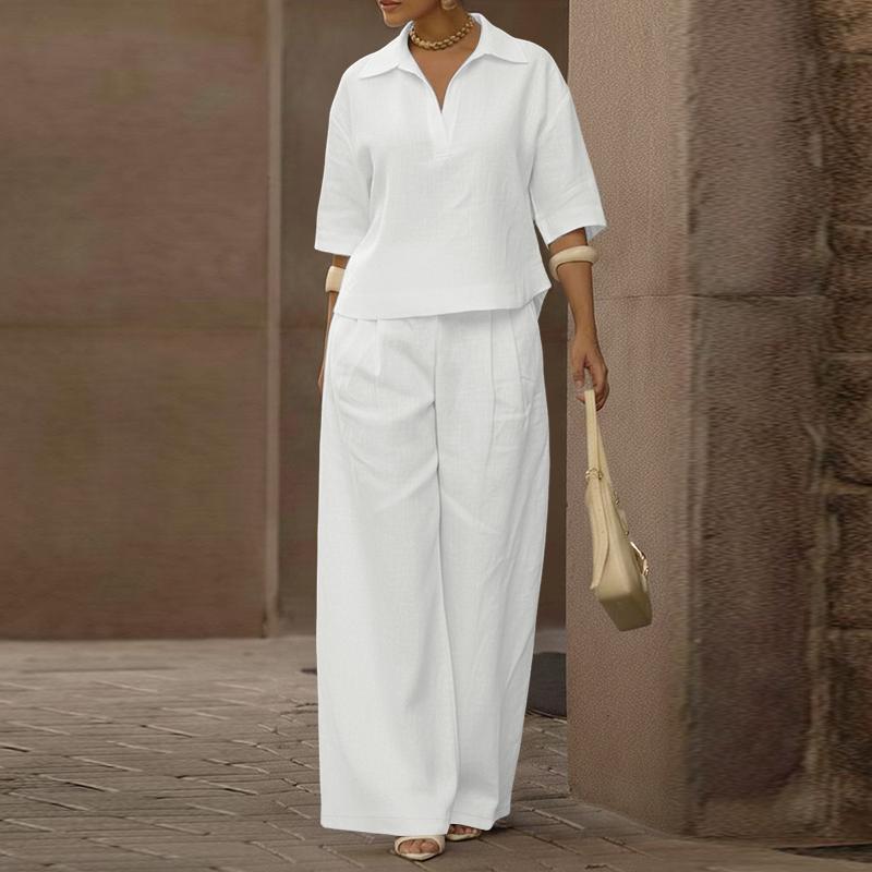 ZANZEA Women Short Sleeve Blouse and Pants Casual Two Piece Suit Sets