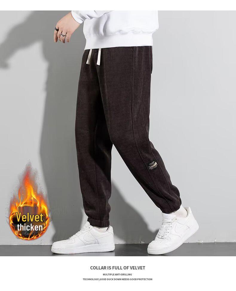 Men's Fleece-Lined Corduroy Joggers: Autumn/Winter Elastic Waist Casual Pants, Korean-Style Trendy and Versatile.
