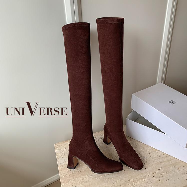 Manga Bein~ Ankara Rød Semsket Elastiske Over Kne Støvler Tykk Hæl Langt Skaft Skinny Støvler Høy Hæl Bein Sokke Støvler