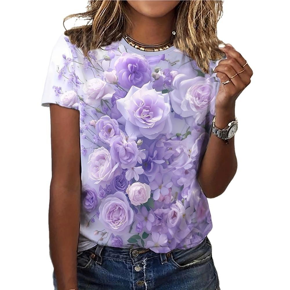 T-Shirt Damen Sommer lässig Rundhals Kurzarm Blumenmuster Oberteil locker Freizeitkleidung Damen T-Shirt Muttertagsgeschenk