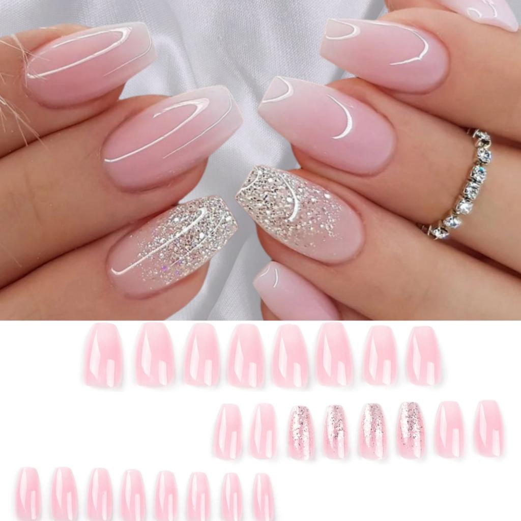 24 Pcs Simple Pink Press On Nails With Silver Glitter Powder Decor Removable Fake Nail Tips Set