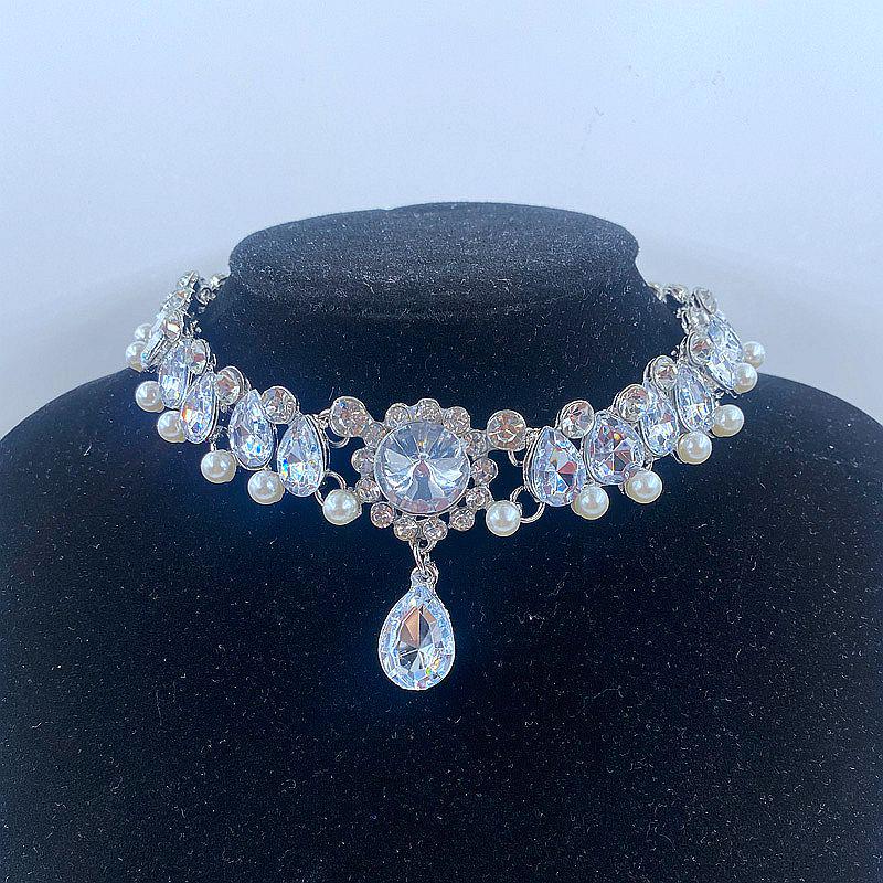 European & American Temperament Metal Water Drop Gem Rhinestone Pearl Crystal Choker Necklace