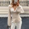 Women's V-Neck Long Sleeve Fitted Top with Asymmetric Hem for Casual Daily Wear